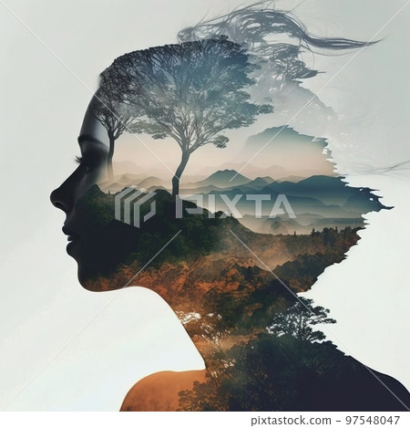 An illustration that combines nature and women with an impressive multiple exposure design An illustration that combines nature and women with an impressive multiple exposure design 97548047