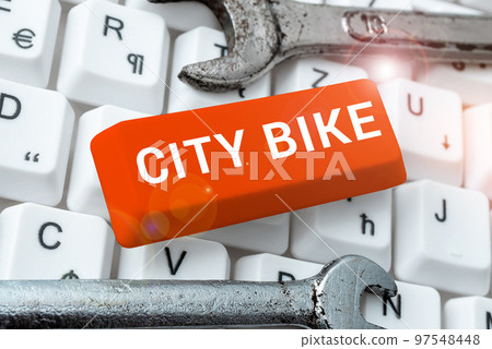 Text caption presenting City Bike. Conceptual photo designed for regular short rides through equally flat urban areas Text caption presenting City Bike. Conceptual photo designed for regular short rides through equally flat urban areas 97548448