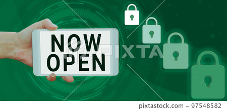 Sign displaying Now Open. Word for leave door or windows not closed or barred at this current time 97548582