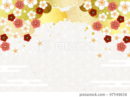 Hemp leaf pattern background horizontal with red and white plum arch and upper half golden cloud Hemp leaf pattern background horizontal with red and white plum arch and upper half golden cloud 97548638