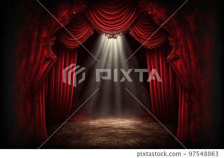 A background image showing a stage lit up by crimson curtains and bright spotlights. 97548863