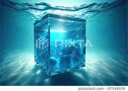 一個立方體形狀的物體變成夢幻般清澈的水的圖像插圖 97548939