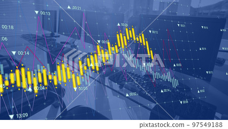 Image of financial data processing against close up of desks at office Image of financial data processing against close up of desks at office 97549188