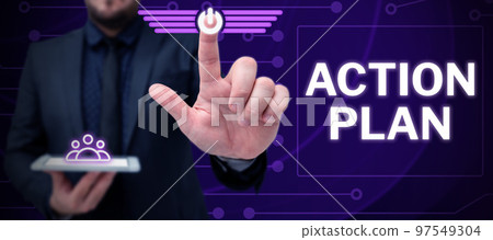 Sign displaying Action Plan. Word Written on list of things or schedule to be made thia current year 97549304