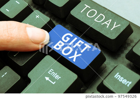 Conceptual display Gift Box. Business approach A small cointainer with designs capable of handling presents 97549326