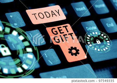 Hand writing sign Get Gift. Conceptual photo something that you give without getting anything in return 97549335