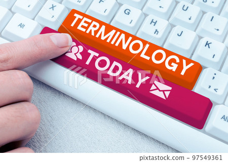 Text caption presenting Terminology. Business showcase Terms used with particular technical application in studies 97549361