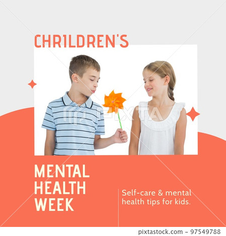 Composition of children's mental health week text and girl and boy holding fan Composition of children's mental health week text and girl and boy holding fan 97549788