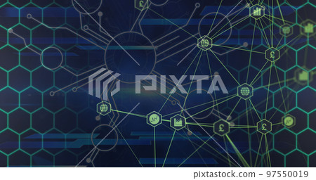 Image of connections and hexagons over navy background Image of connections and hexagons over navy background 97550019