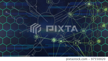 Image of connections and hexagons over navy background 97550020