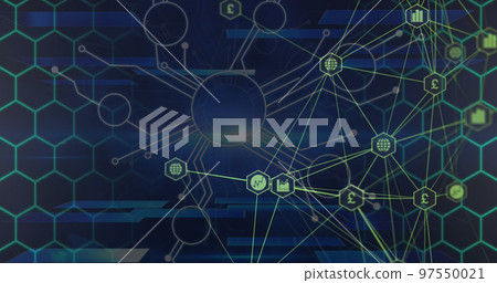 Image of connections and hexagons over navy background Image of connections and hexagons over navy background 97550021