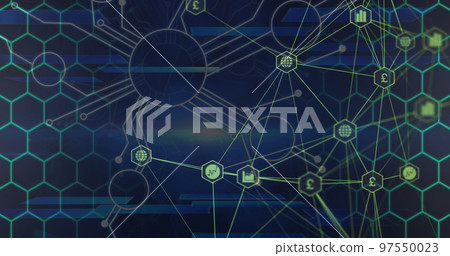 Image of connections and hexagons over navy background Image of connections and hexagons over navy background 97550023
