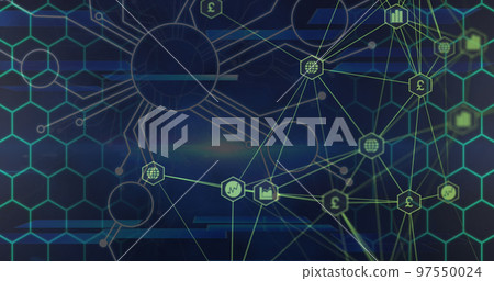 Image of connections and hexagons over navy background Image of connections and hexagons over navy background 97550024