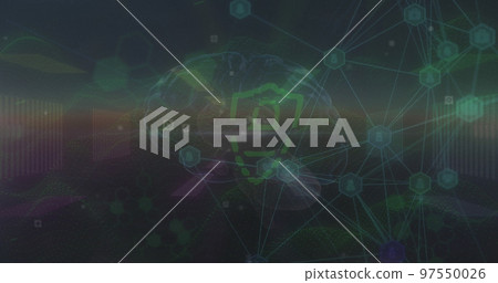 Image of connections, digital padlock, data over dark space Image of connections, digital padlock, data over dark space 97550026