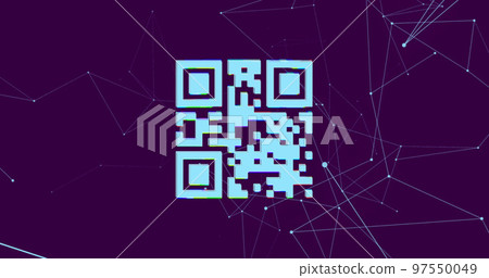 QR code scanner over network of connections against blue background QR code scanner over network of connections against blue background 97550049