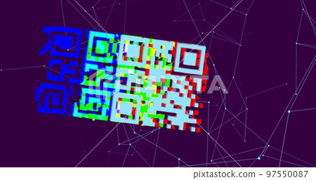 QR code scanner over network of connections against blue background QR code scanner over network of connections against blue background 97550087