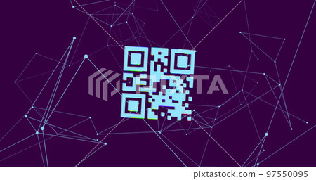 QR code scanner over network of connections against blue background QR code scanner over network of connections against blue background 97550095