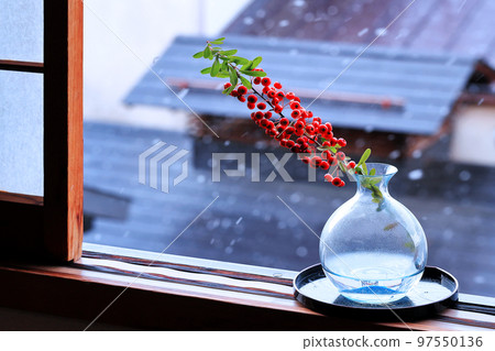 外面是一個玻璃碗,上面鋪著雪覆蓋的小馬土邊,上面裝飾著紅色的火棘漿果。 外面是一個玻璃碗,上面鋪著雪覆蓋的小馬土邊,上面裝飾著紅色的火棘漿果。 97550136