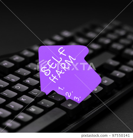 Hand writing sign Self Harm. Conceptual photo state of health and well-being and the ability to perform 97550141