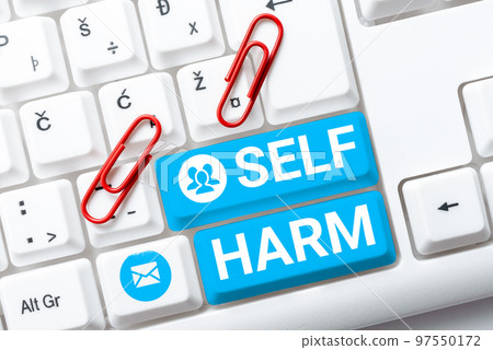 Text caption presenting Self Harm. Word for state of health and well-being and the ability to perform 97550172