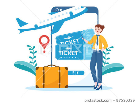 Online Travel Ticket Store Through transportation and Journey Provider App for Booking in Flat Cartoon Hand Drawn Template Illustration Online Travel Ticket Store Through transportation and Journey Provider App for Booking in Flat Cartoon Hand Drawn Template Illustration 97550359