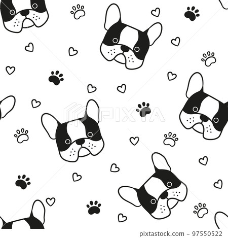 Dogs seamless pattern with face of French bulldog. Texture with dog heads. Hand drawn vector illustration in doodle style on white background 97550522