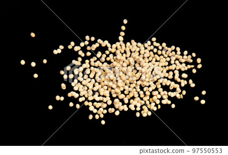 Soy Bean flying explosion, yellow grain beans explode abstract cloud fly. Beautiful complete seed pea soy bean splash in air, food object design. Selective focus freeze shot black background isolated 97550553