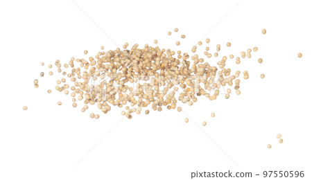 Soy Bean flying explosion, yellow grain beans explode abstract cloud fly. Beautiful complete seed pea soy bean splash in air, food object design. Selective focus freeze shot white background isolated 97550596