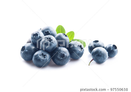 Blueberries with leaves closeup on white backgrounds. Blueberries with leaves closeup on white backgrounds. 97550638