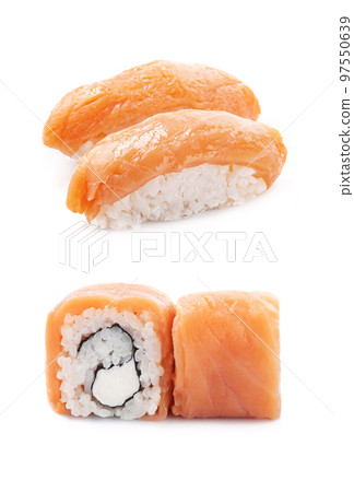 Sushi closeup on white backgrounds. 97550639