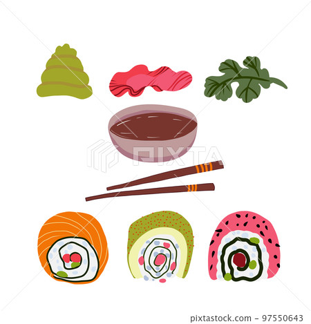 Vector flat panasian food set. Japanese sushi, wasabi, soy sauce, pickled ginger,  cilantro. 97550643