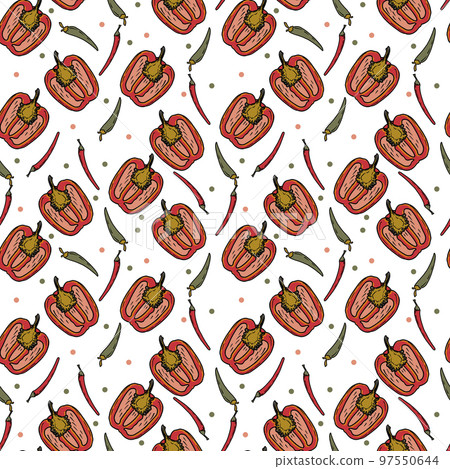 Vector Panasian food seamless pattern. Hand drawn sketch with asian food such as noodles, shrimps, gingers, dumplings, spicy soup. 97550644