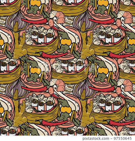 Vector Panasian food seamless pattern. Hand drawn sketch with asian food such as noodles, shrimps, gingers, dumplings, spicy soup. 97550645