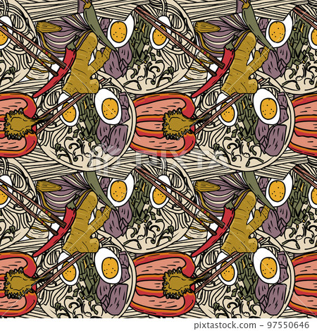 Vector Panasian food seamless pattern. Hand drawn sketch with asian food such as noodles, shrimps, gingers, dumplings, spicy soup. Vector Panasian food seamless pattern. Hand drawn sketch with asian food such as noodles, shrimps, gingers, dumplings, spicy soup. 97550646