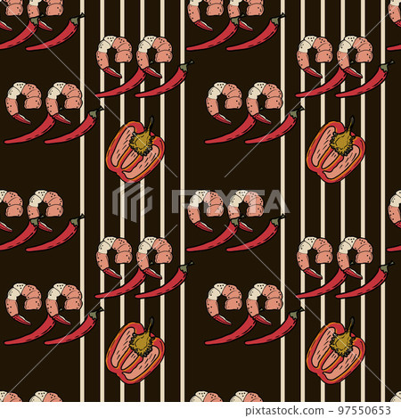 Vector Panasian food seamless pattern. Hand drawn sketch with asian food such as noodles, shrimps, gingers, dumplings, spicy soup. 97550653