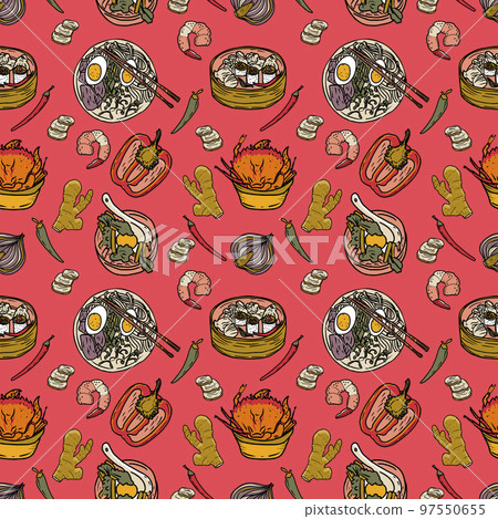 Vector Panasian food seamless pattern. Hand drawn sketch with asian food such as noodles, shrimps, gingers, dumplings, spicy soup. 97550655