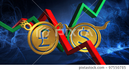 bullish usd to bearish gbp currency. foreign exchange market 3d illustration of united states dollar to british pound. money represented  as golden coins 97550785