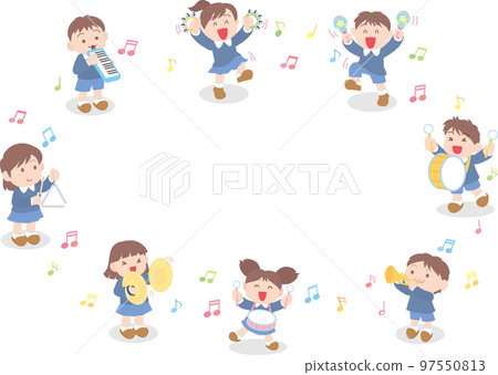 Children playing musical instruments _ playing in a circle _ shadows at their feet 97550813