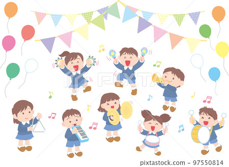 Children playing musical instruments _ playing in a circle _ with garland balloons 97550814