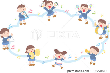 Children playing musical instruments _ Speech bubble frame for title _ Light blue Children playing musical instruments _ Speech bubble frame for title _ Light blue 97550815