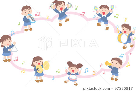 Children playing musical instruments _ title balloon frame _ pink Children playing musical instruments _ title balloon frame _ pink 97550817