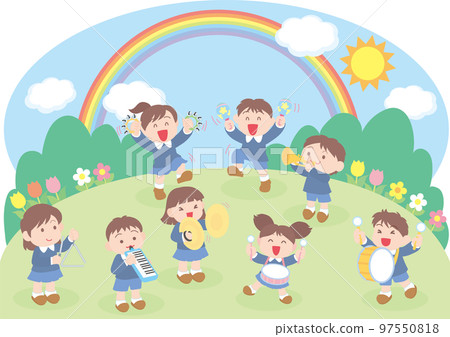 Children playing musical instruments _ playing outside Children playing musical instruments _ playing outside 97550818