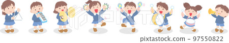 Children playing musical instruments _ 8 people set _ one row _ with foot shadow Children playing musical instruments _ 8 people set _ one row _ with foot shadow 97550822