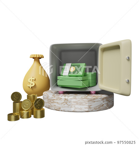 cylinder podium marble with open safe box, coins stack, banknote, bag money dollar isolated. business banking concept, 3d illustration or 3d render 97550825