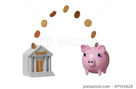 pink piggy bank with bank or tax office building, coin isolated. saving money concept, 3d illustration, 3d render 97550826