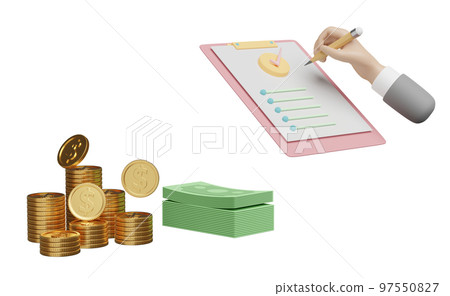 check list with businessman hands holding pencil, clipboard, check mark, pile money banknote, dollar coins isolated. concept 3d illustration or 3d render 97550827