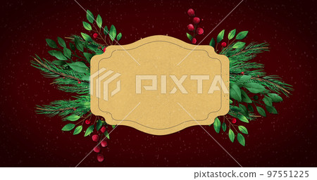 Image of snow falling over tree branches over sign with copy space on red background 97551225