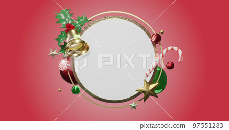 Image of circle frame with copy space and christmas decoration on red background Image of circle frame with copy space and christmas decoration on red background 97551283