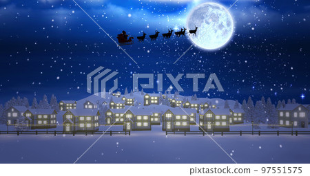 Image of sky with clouds over winter landscape and santa claus in sleigh with reindeer 97551575