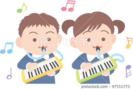 Cute musical instrument _ keyboard harmonica _ how to blow _ with hose _ play with _ 2 men and women _ upper body 97551773